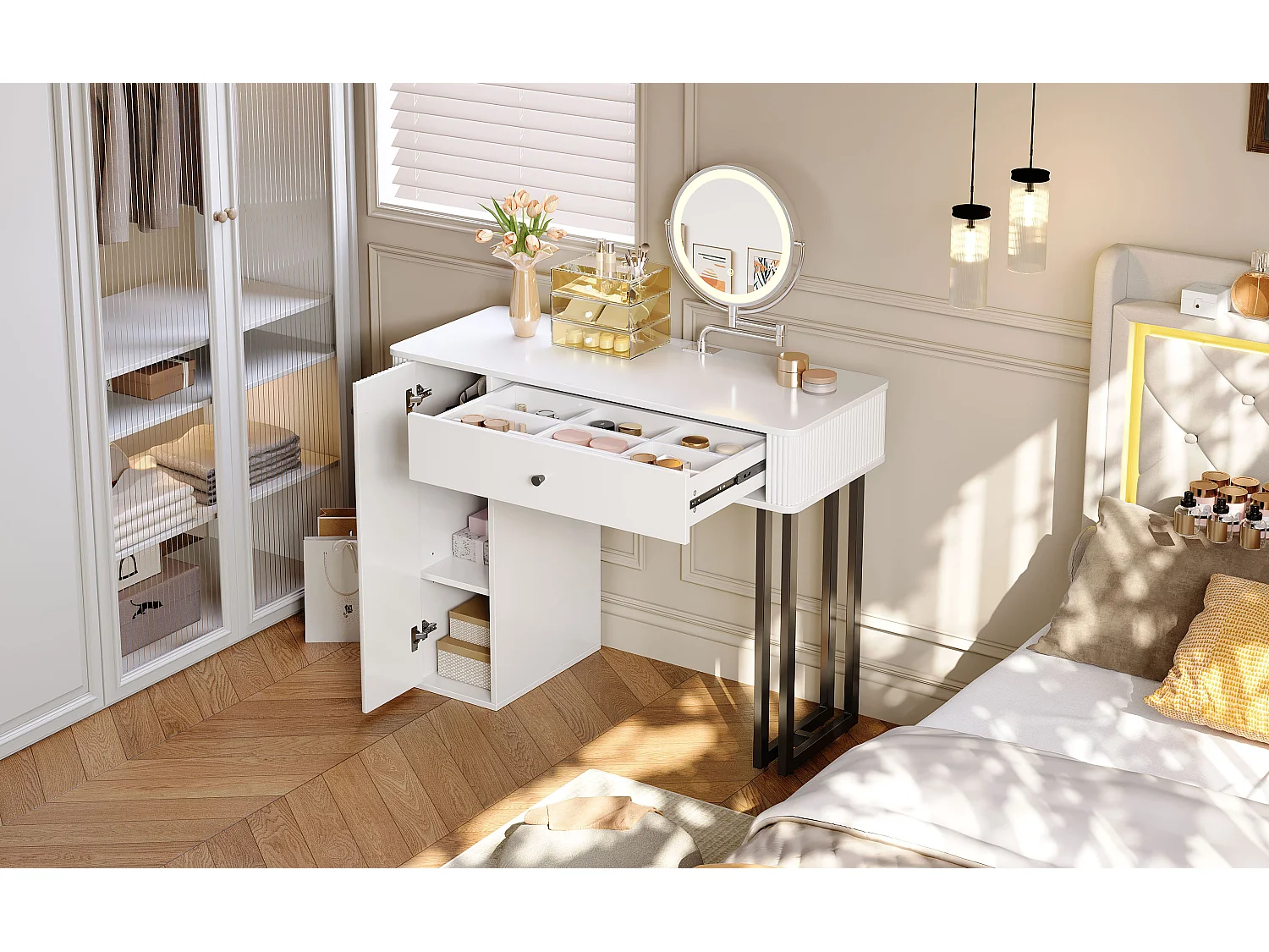 Coiffeuse avec miroir Leds - 100 x 40 x 116 - avec 1 tiroir + 1 porte - sans tabouret - aggloméré - blanc