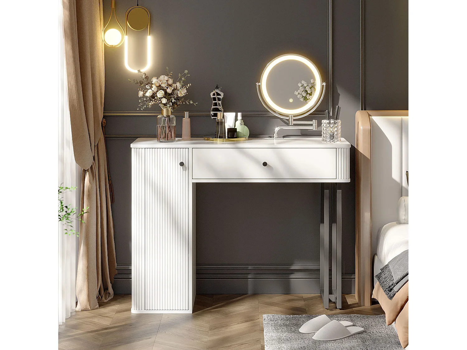 Coiffeuse avec miroir Leds - 100 x 40 x 116 - avec 1 tiroir + 1 porte - sans tabouret - aggloméré - blanc