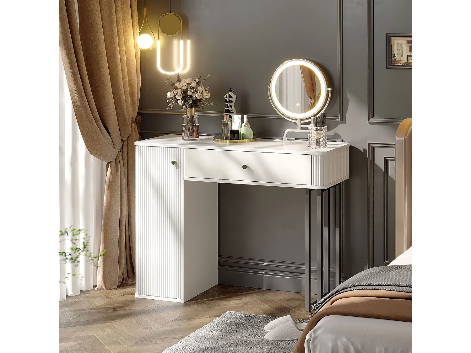 Coiffeuse avec miroir Leds - 100 x 40 x 116 - avec 1 tiroir + 1 porte - sans tabouret - aggloméré - blanc