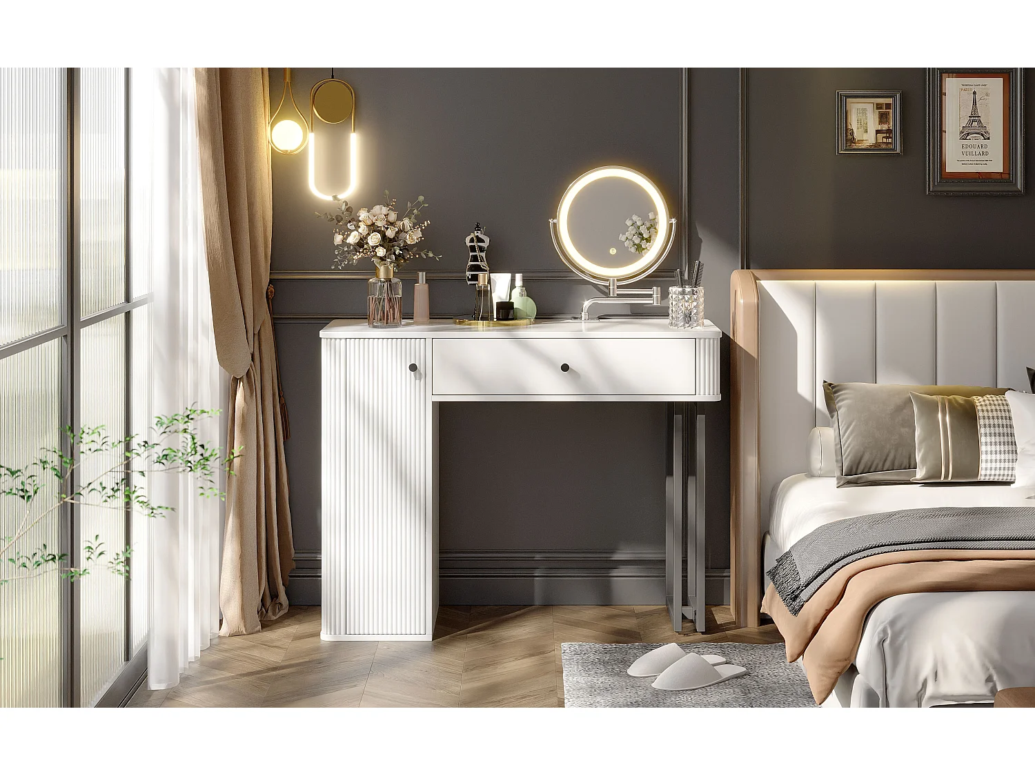Coiffeuse avec miroir Leds - 100 x 40 x 116 - avec 1 tiroir + 1 porte - sans tabouret - aggloméré - blanc