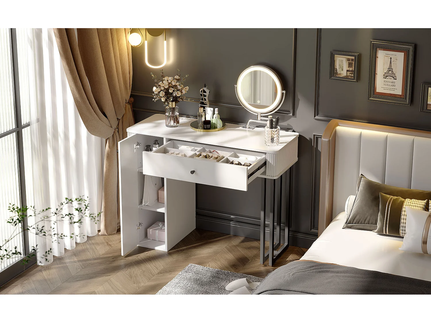 Coiffeuse avec miroir Leds - 100 x 40 x 116 - avec 1 tiroir + 1 porte - sans tabouret - aggloméré - blanc