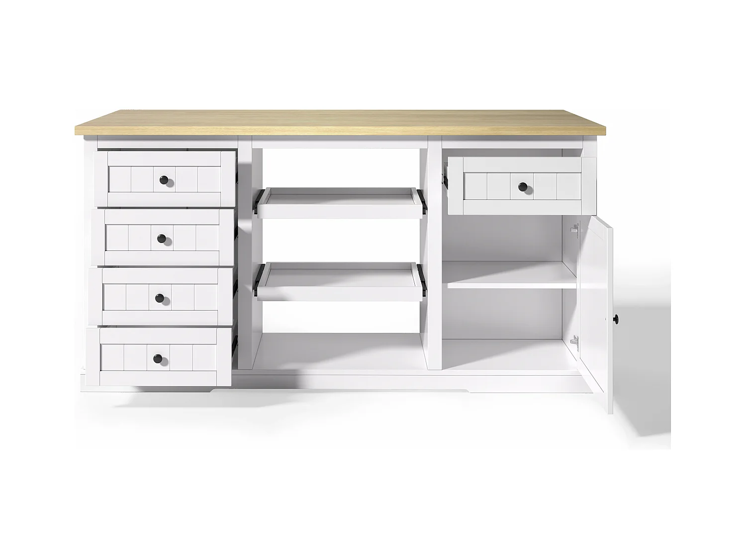 Carrello da cucina con 5 cassetti, 1 anta, 2 ripiani scorrevoli e presa elettrica, bianco e naturale