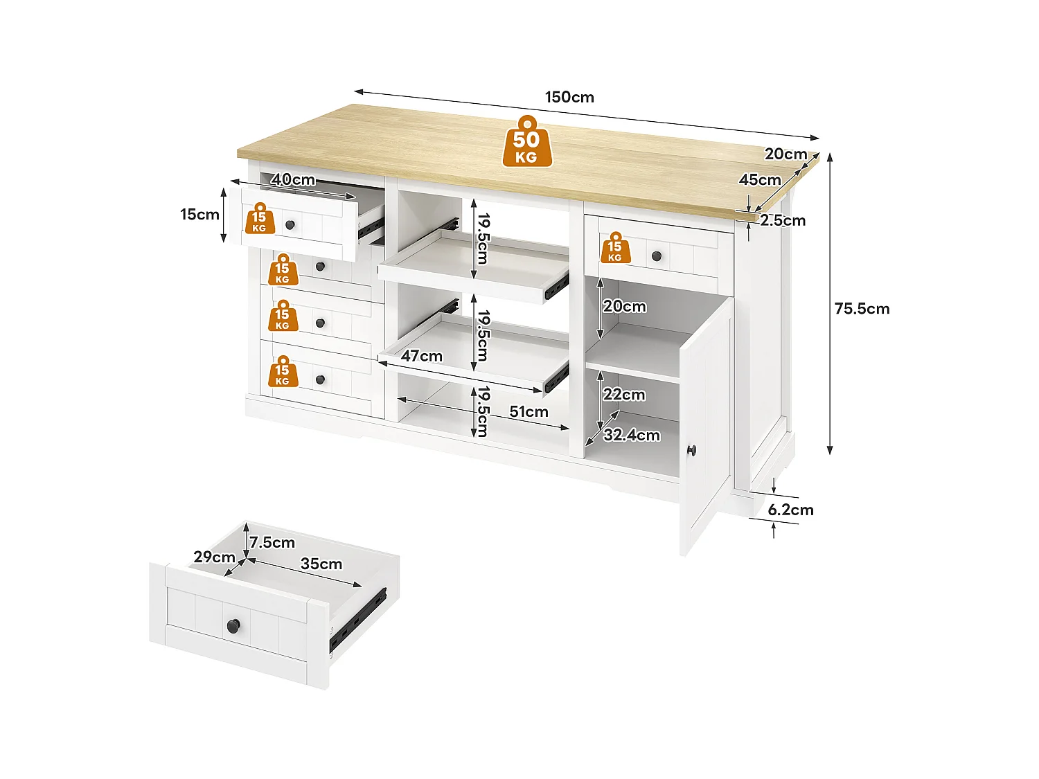 Carrello da cucina con 5 cassetti, 1 anta, 2 ripiani scorrevoli e presa elettrica, bianco e naturale