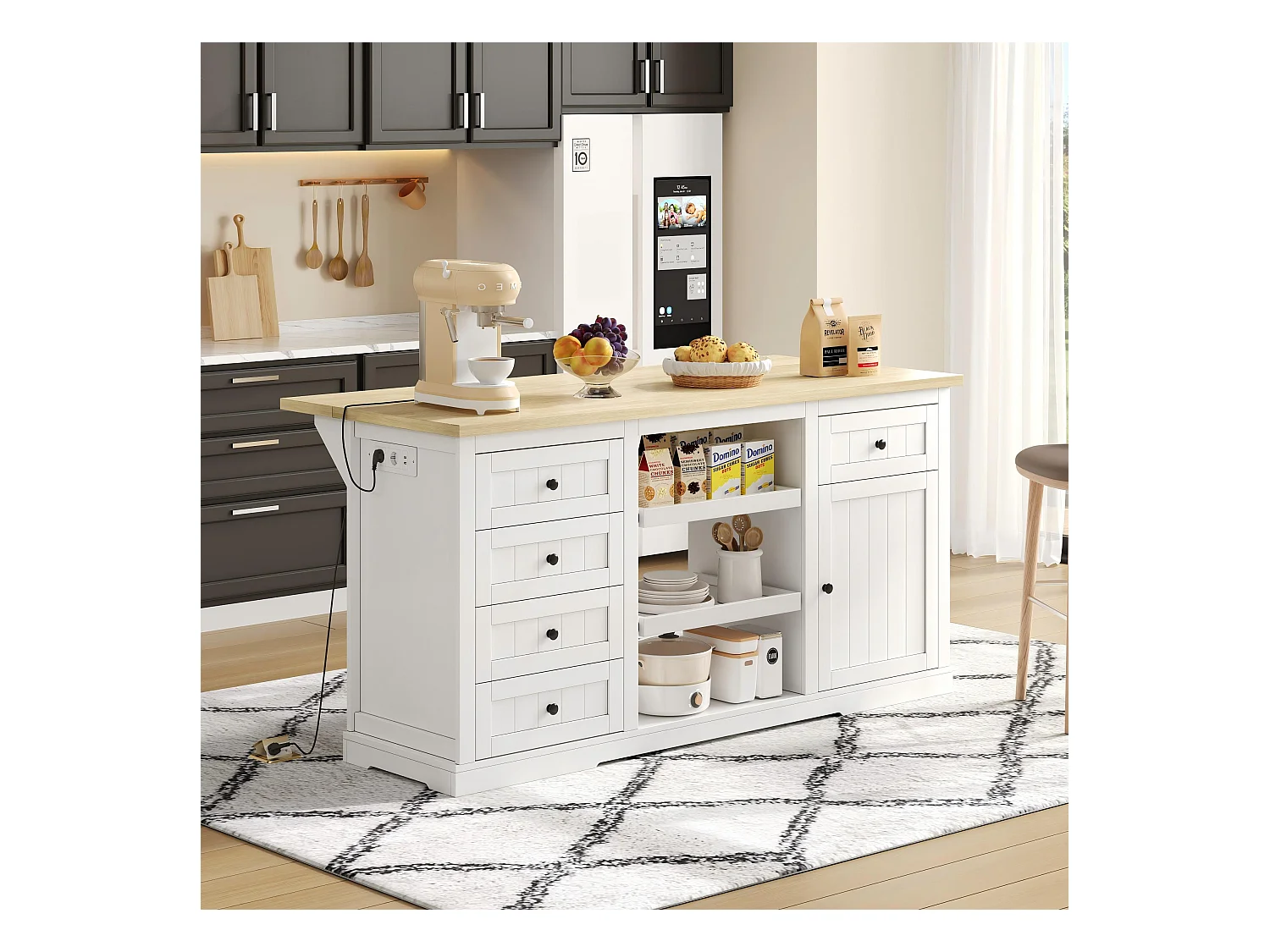 Carrello da cucina con 5 cassetti, 1 anta, 2 ripiani scorrevoli e presa elettrica, bianco e naturale