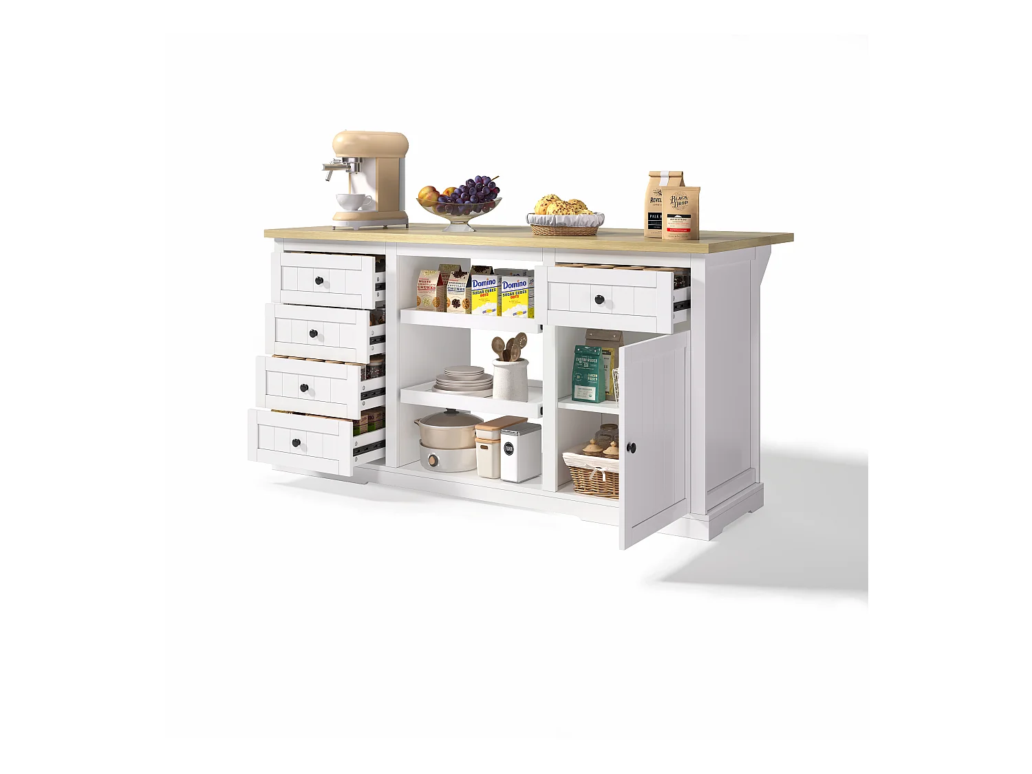 Carrello da cucina con 5 cassetti, 1 anta, 2 ripiani scorrevoli e presa elettrica, bianco e naturale