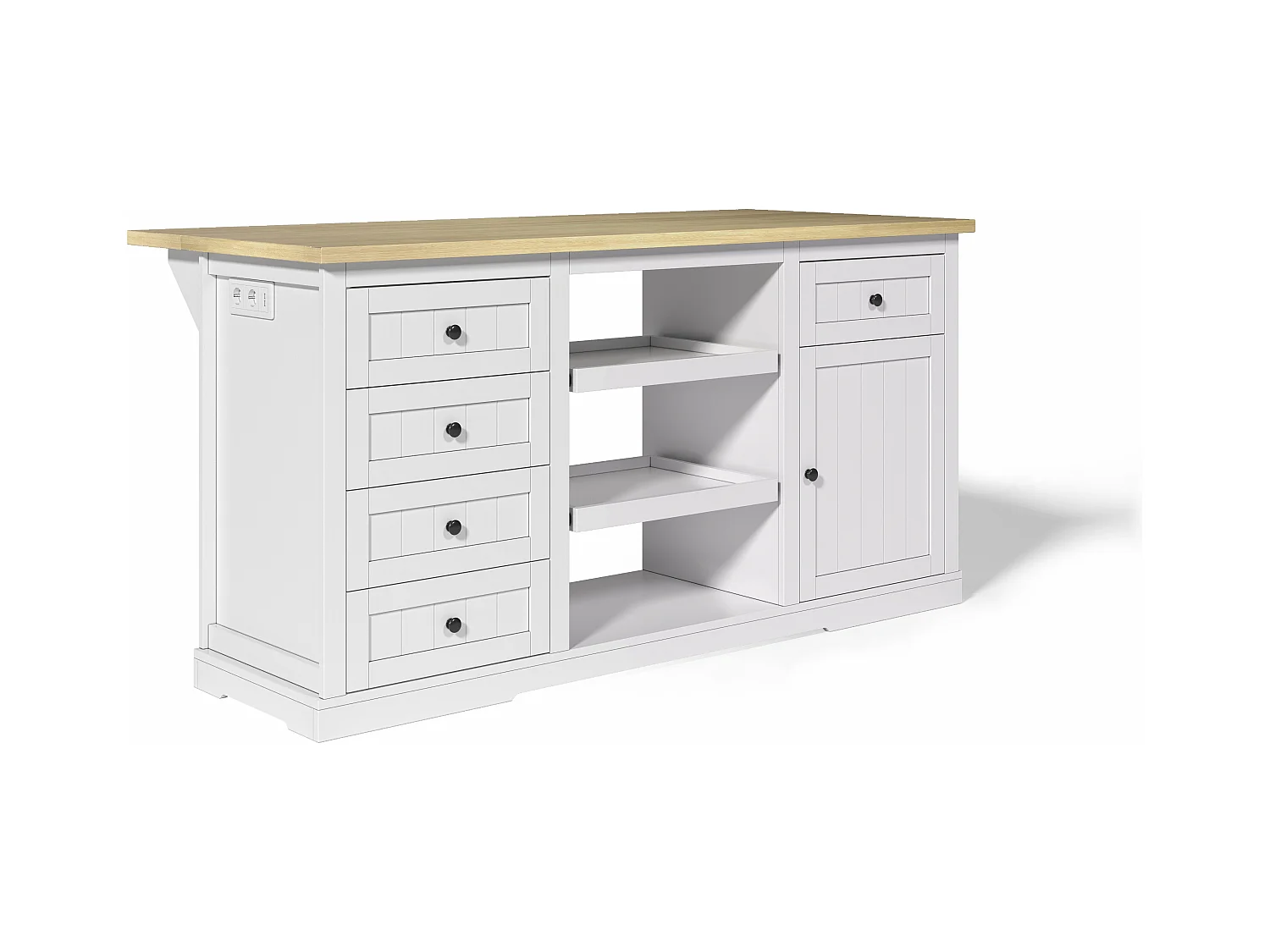 Carrello da cucina con 5 cassetti, 1 anta, 2 ripiani scorrevoli e presa elettrica, bianco e naturale