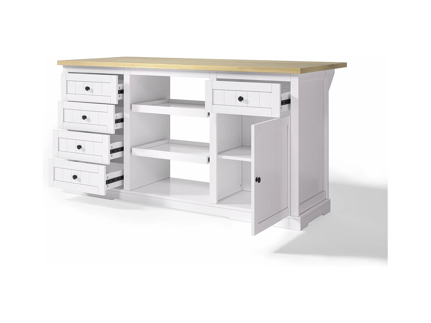 Carrello da cucina con 5 cassetti, 1 anta, 2 ripiani scorrevoli e presa elettrica, bianco e naturale