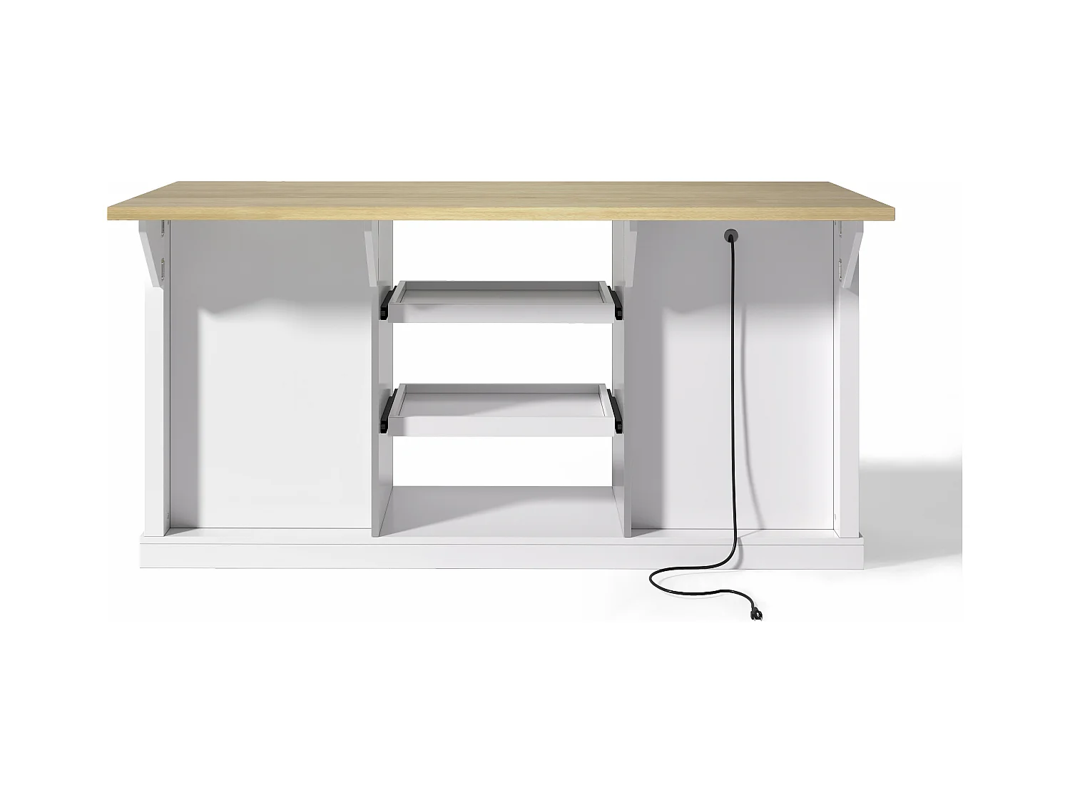 Carrello da cucina con 5 cassetti, 1 anta, 2 ripiani scorrevoli e presa elettrica, bianco e naturale