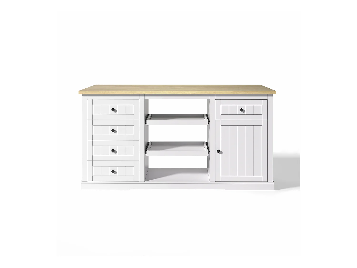 Carrello da cucina con 5 cassetti, 1 anta, 2 ripiani scorrevoli e presa elettrica, bianco e naturale