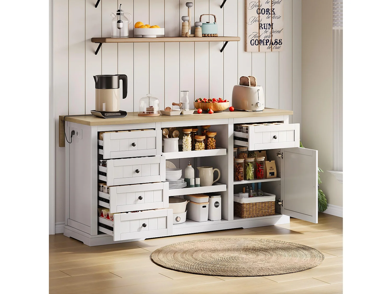 Carrello da cucina con 5 cassetti, 1 anta, 2 ripiani scorrevoli e presa elettrica, bianco e naturale