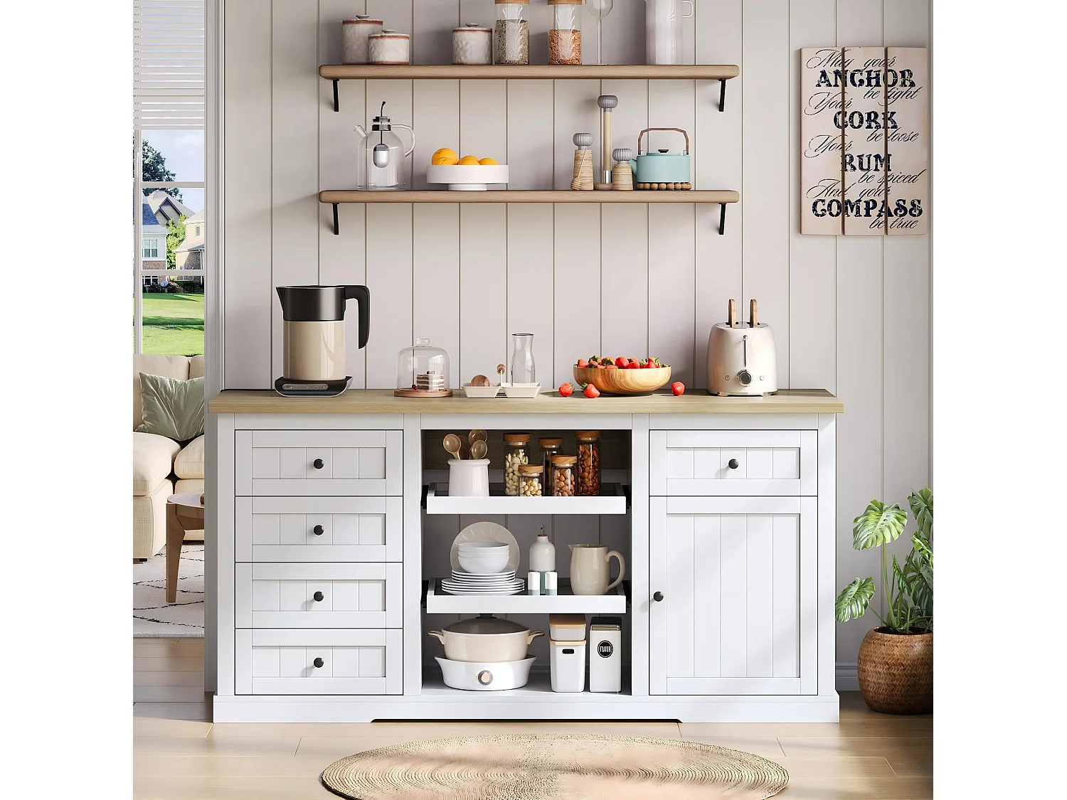 Carrello da cucina con 5 cassetti, 1 anta, 2 ripiani scorrevoli e presa elettrica, bianco e naturale