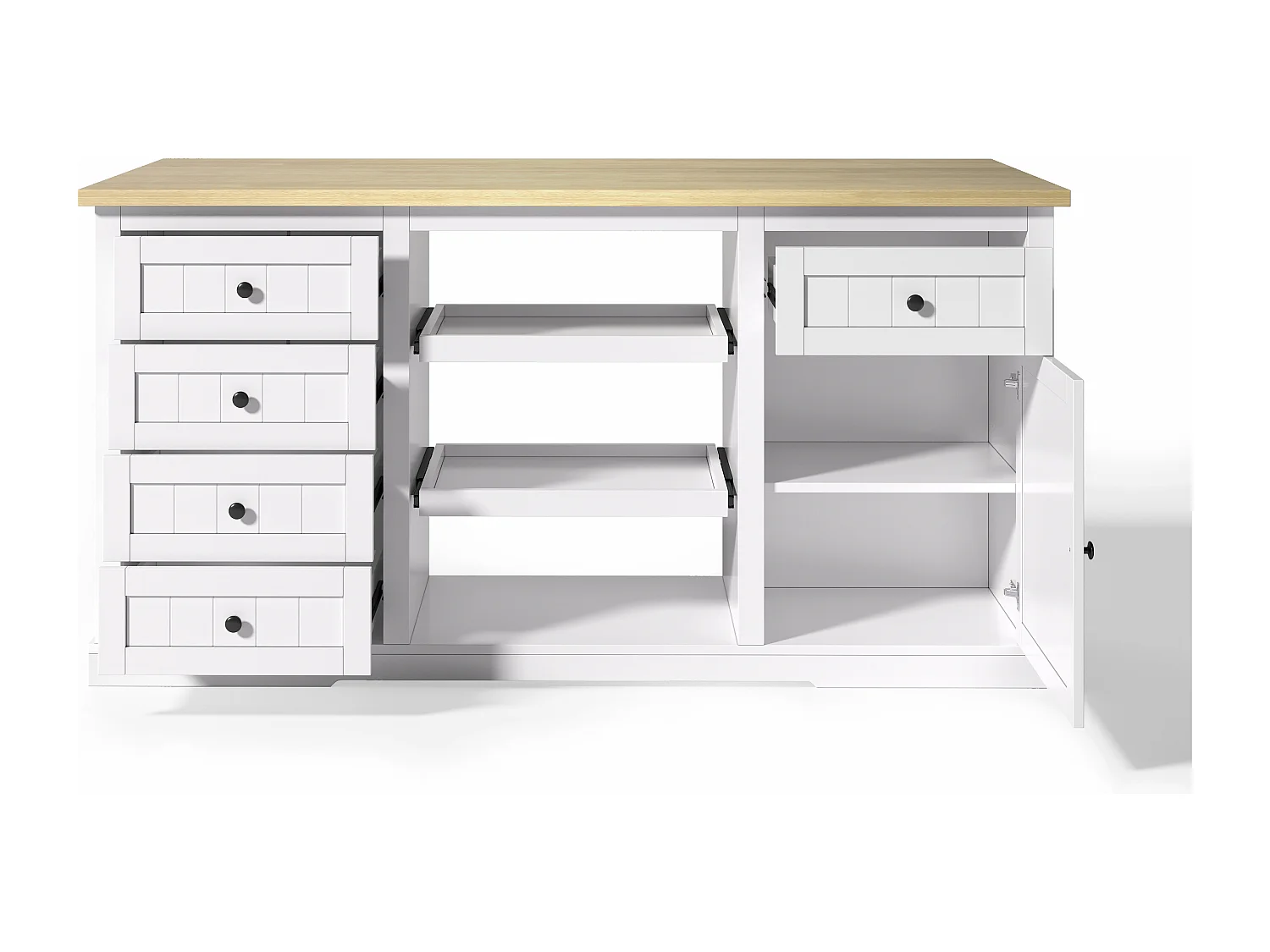 Carrello da cucina con 5 cassetti, 1 anta, 2 ripiani scorrevoli e presa elettrica, bianco e naturale