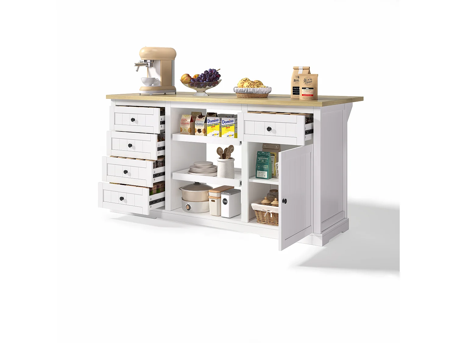 Carrello da cucina con 5 cassetti, 1 anta, 2 ripiani scorrevoli e presa elettrica, bianco e naturale