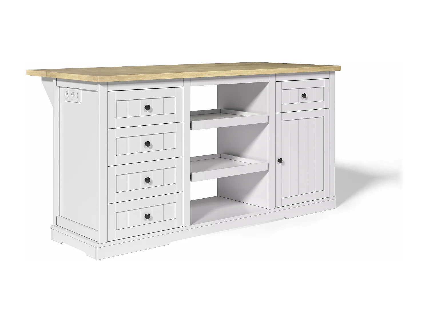 Carrello da cucina con 5 cassetti, 1 anta, 2 ripiani scorrevoli e presa elettrica, bianco e naturale