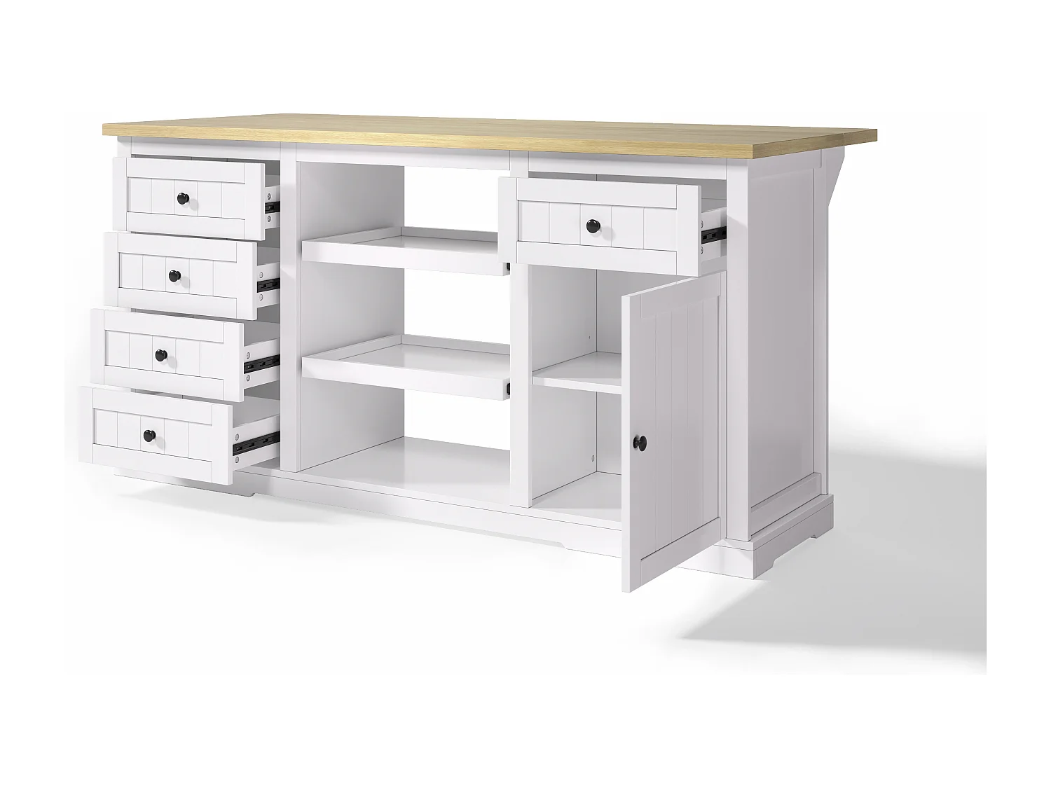 Carrello da cucina con 5 cassetti, 1 anta, 2 ripiani scorrevoli e presa elettrica, bianco e naturale