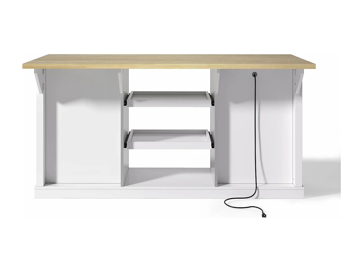 Carrello da cucina con 5 cassetti, 1 anta, 2 ripiani scorrevoli e presa elettrica, bianco e naturale