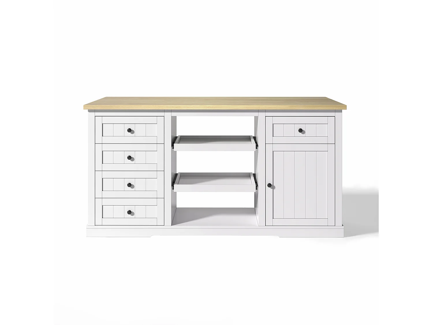 Carrello da cucina con 5 cassetti, 1 anta, 2 ripiani scorrevoli e presa elettrica, bianco e naturale