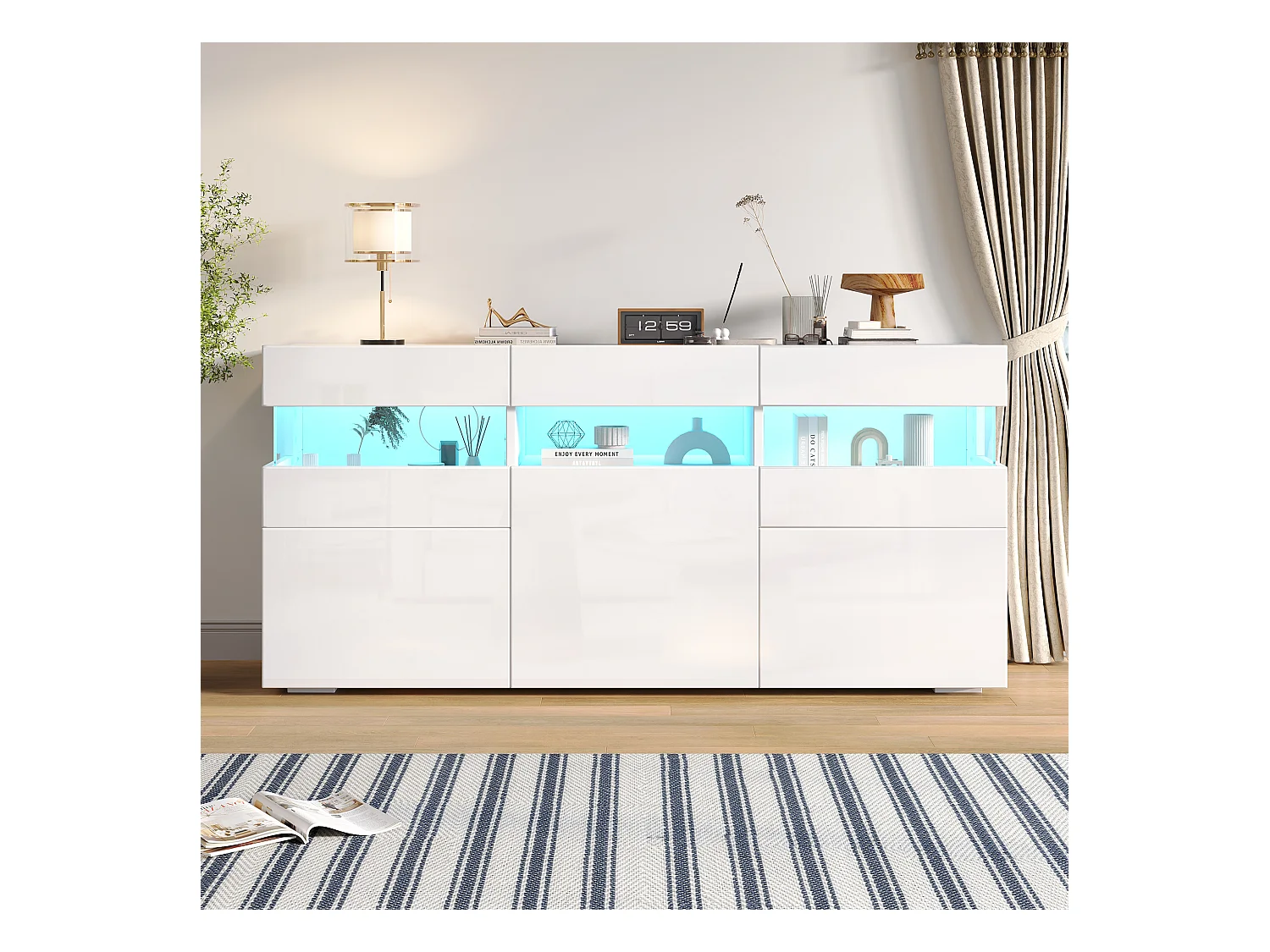 Buffet de salon brillant - 140 x 40.5 x 66.5 cm - avec Leds + 5 portes - boîtier en acrylique transparent - aggloméré - blanc