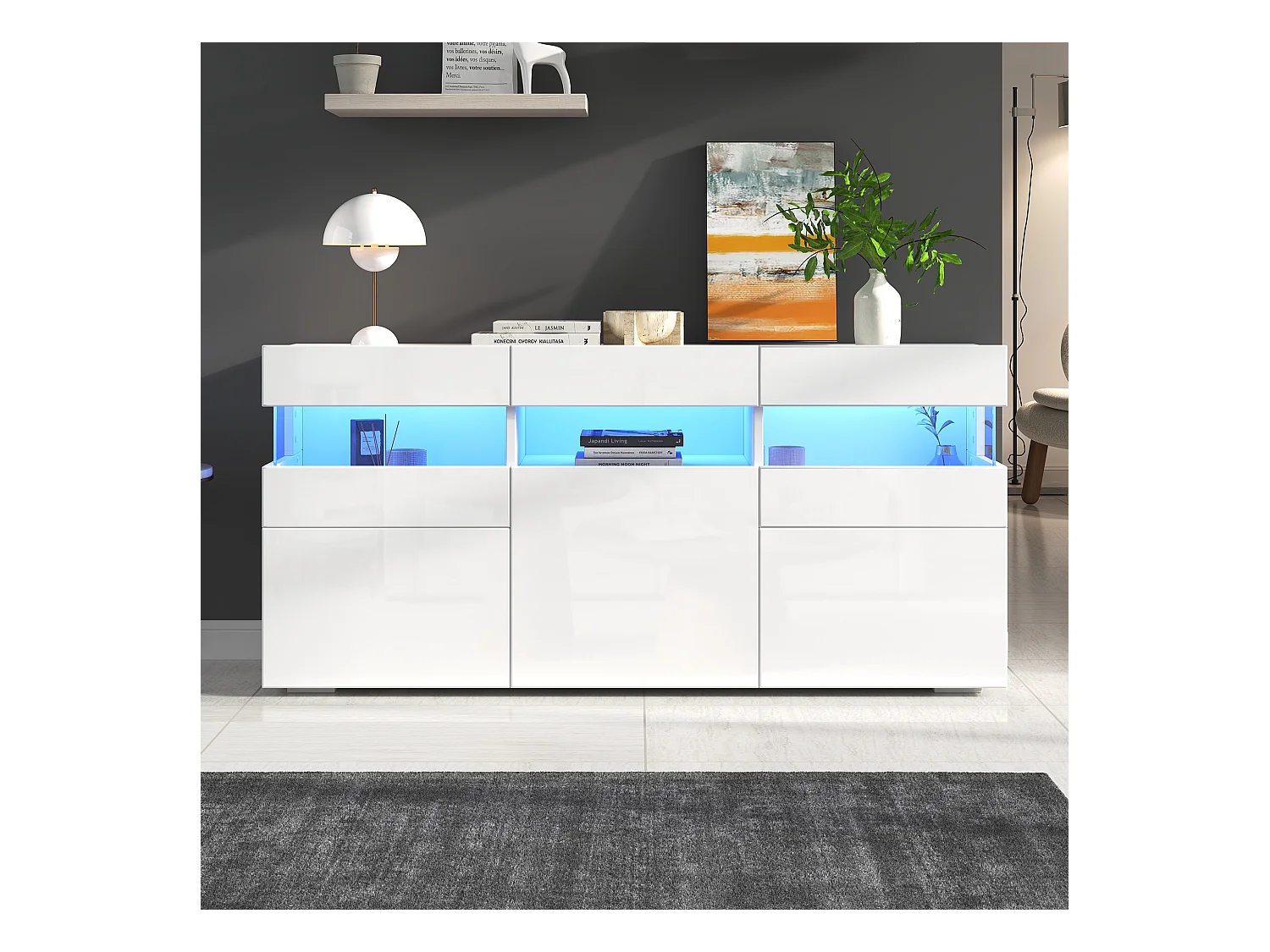 Buffet de salon brillant - 140 x 40.5 x 66.5 cm - avec Leds + 5 portes - boîtier en acrylique transparent - aggloméré - blanc