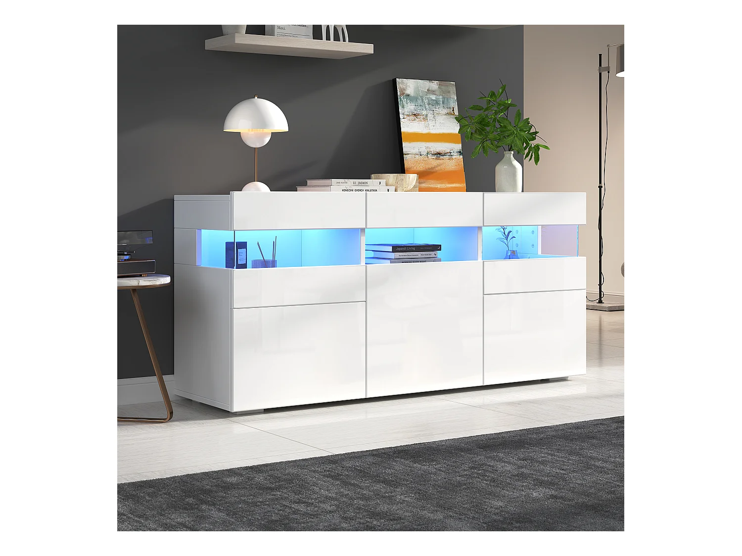 Buffet de salon brillant - 140 x 40.5 x 66.5 cm - avec Leds + 5 portes - boîtier en acrylique transparent - aggloméré - blanc