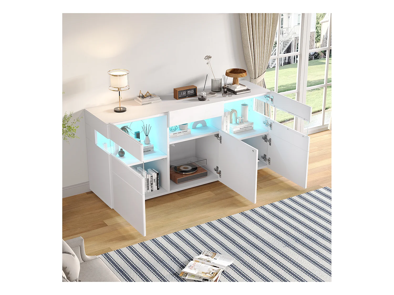 Buffet de salon brillant - 140 x 40.5 x 66.5 cm - avec Leds + 5 portes - boîtier en acrylique transparent - aggloméré - blanc