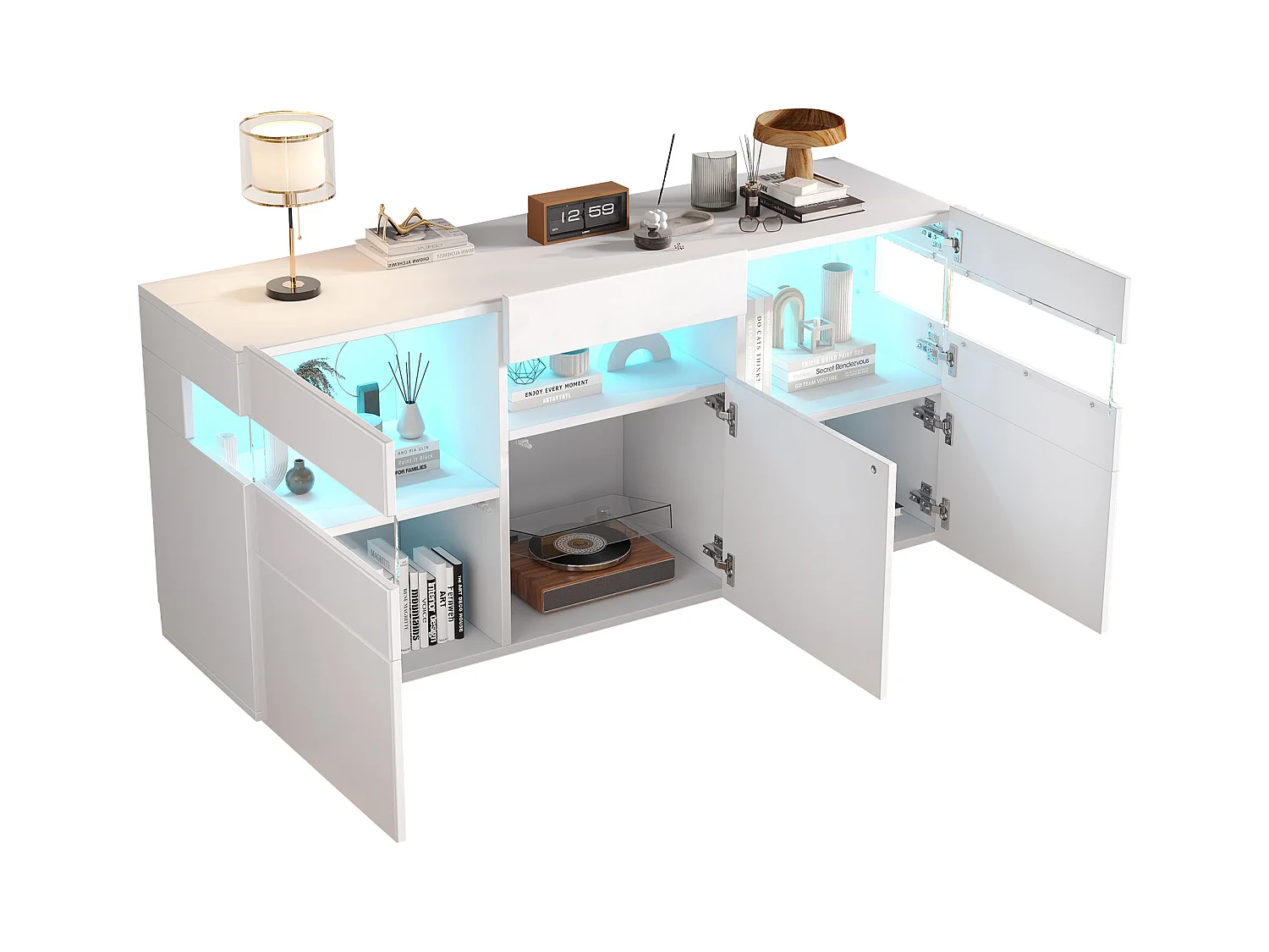 Buffet de salon brillant - 140 x 40.5 x 66.5 cm - avec Leds + 5 portes - boîtier en acrylique transparent - aggloméré - blanc