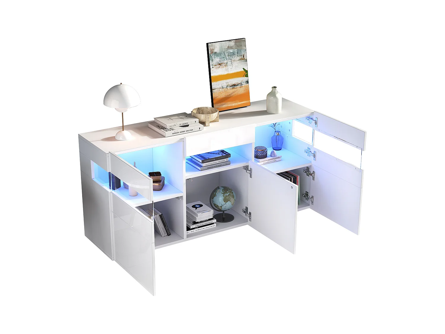 Buffet de salon brillant - 140 x 40.5 x 66.5 cm - avec Leds + 5 portes - boîtier en acrylique transparent - aggloméré - blanc