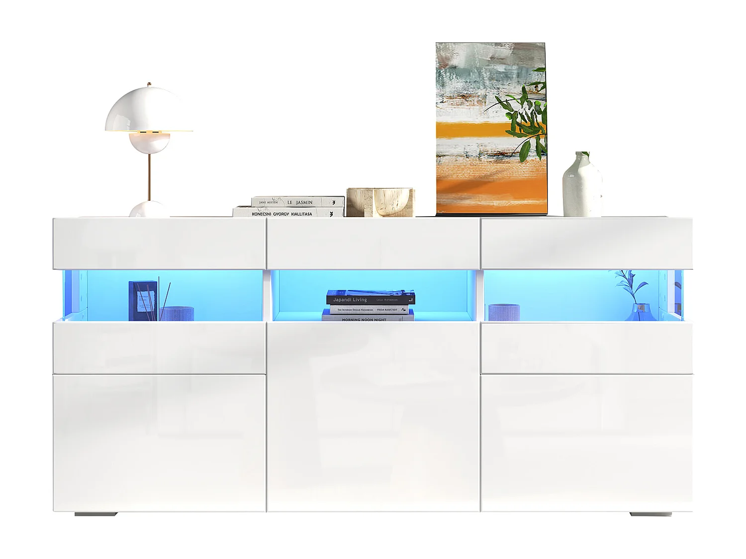 Buffet de salon brillant - 140 x 40.5 x 66.5 cm - avec Leds + 5 portes - boîtier en acrylique transparent - aggloméré - blanc