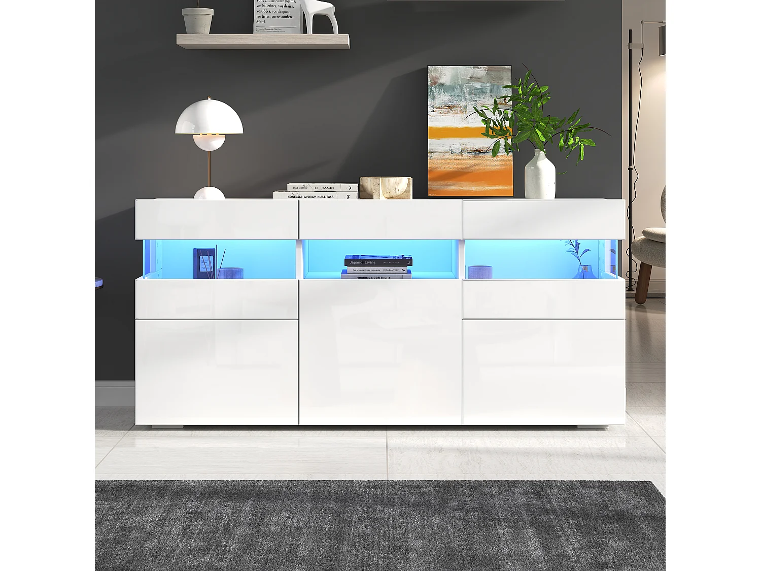 Buffet de salon brillant - 140 x 40.5 x 66.5 cm - avec Leds + 5 portes - boîtier en acrylique transparent - aggloméré - blanc