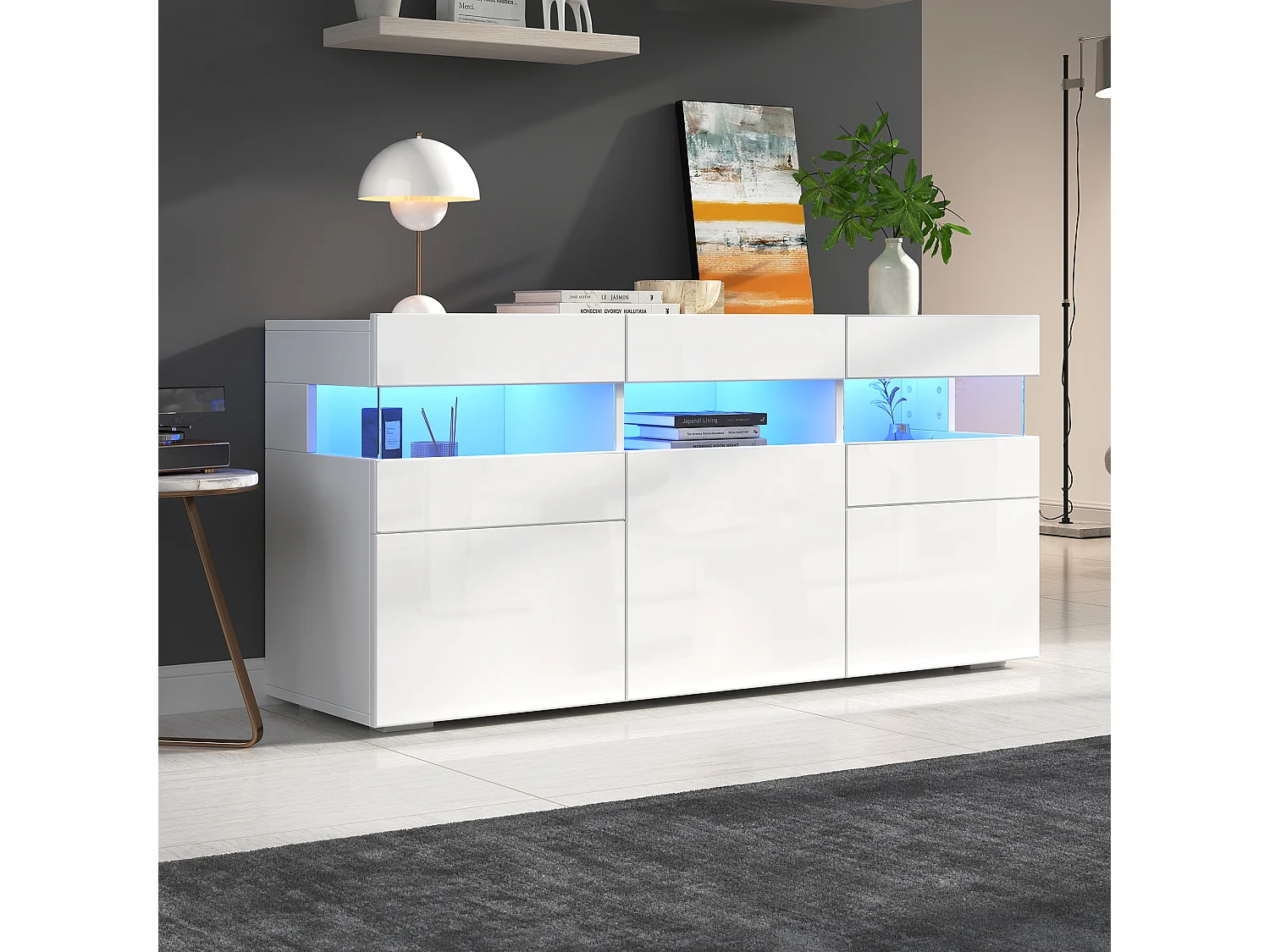 Buffet de salon brillant - 140 x 40.5 x 66.5 cm - avec Leds + 5 portes - boîtier en acrylique transparent - aggloméré - blanc