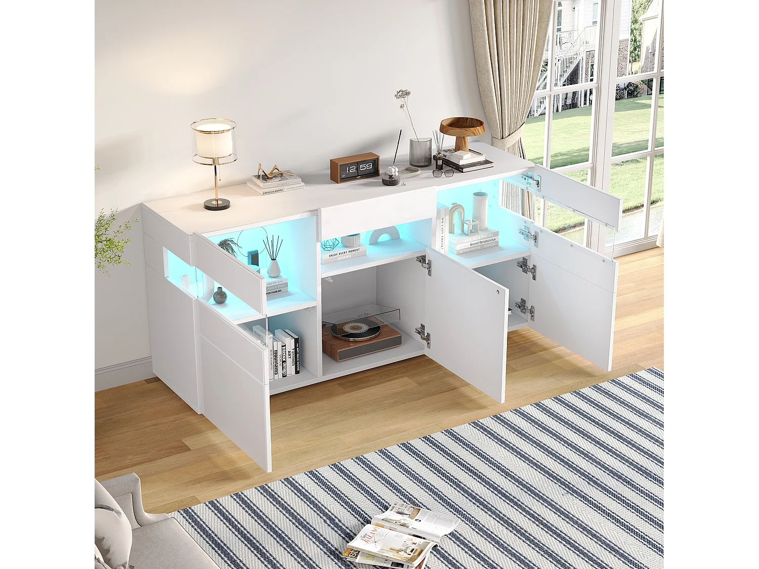 Buffet de salon brillant - 140 x 40.5 x 66.5 cm - avec Leds + 5 portes - boîtier en acrylique transparent - aggloméré - blanc