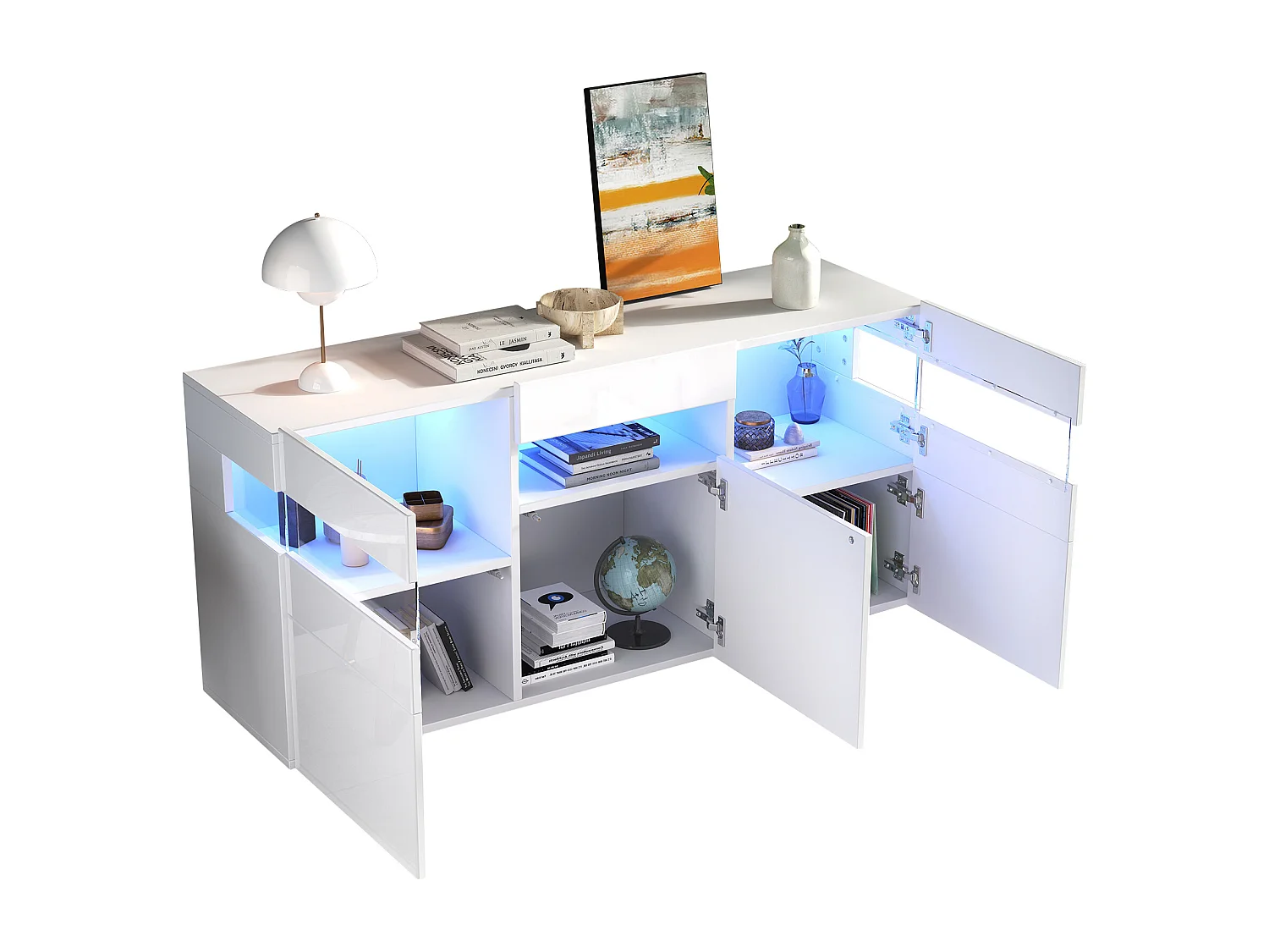 Buffet de salon brillant - 140 x 40.5 x 66.5 cm - avec Leds + 5 portes - boîtier en acrylique transparent - aggloméré - blanc