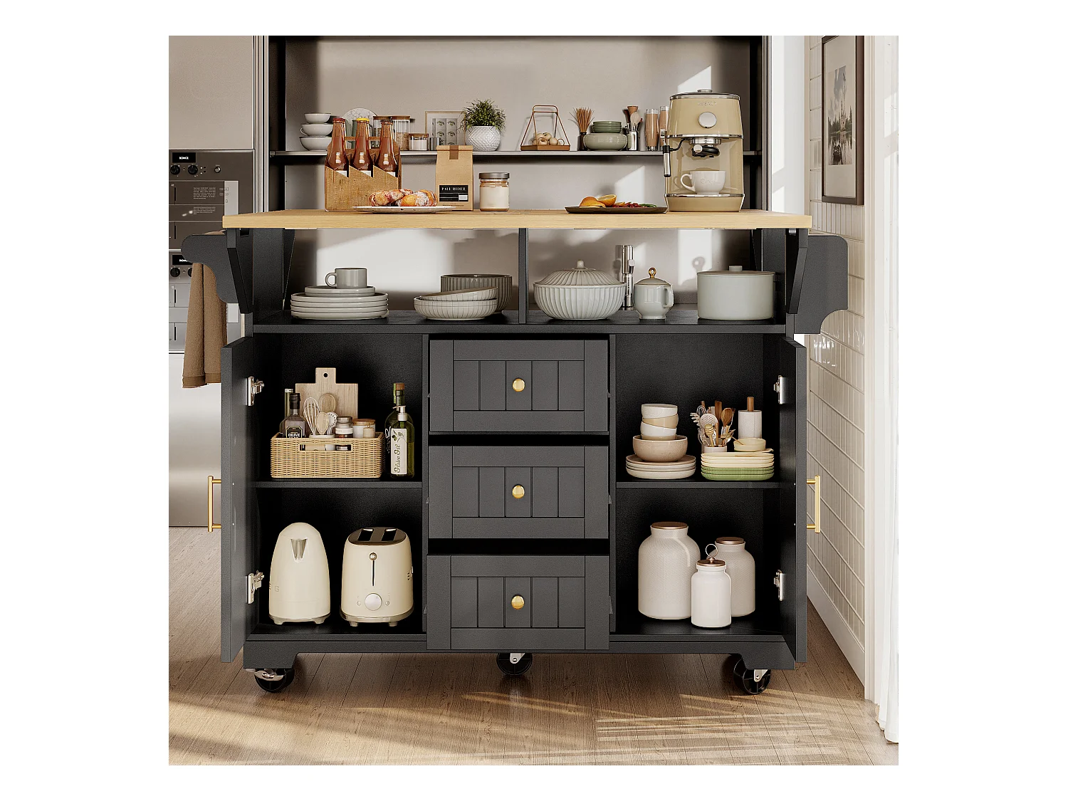 Carrello da cucina nero con 2 ante, 3 cassetti e portasciugamani, porta spezie, vassoio estensibile