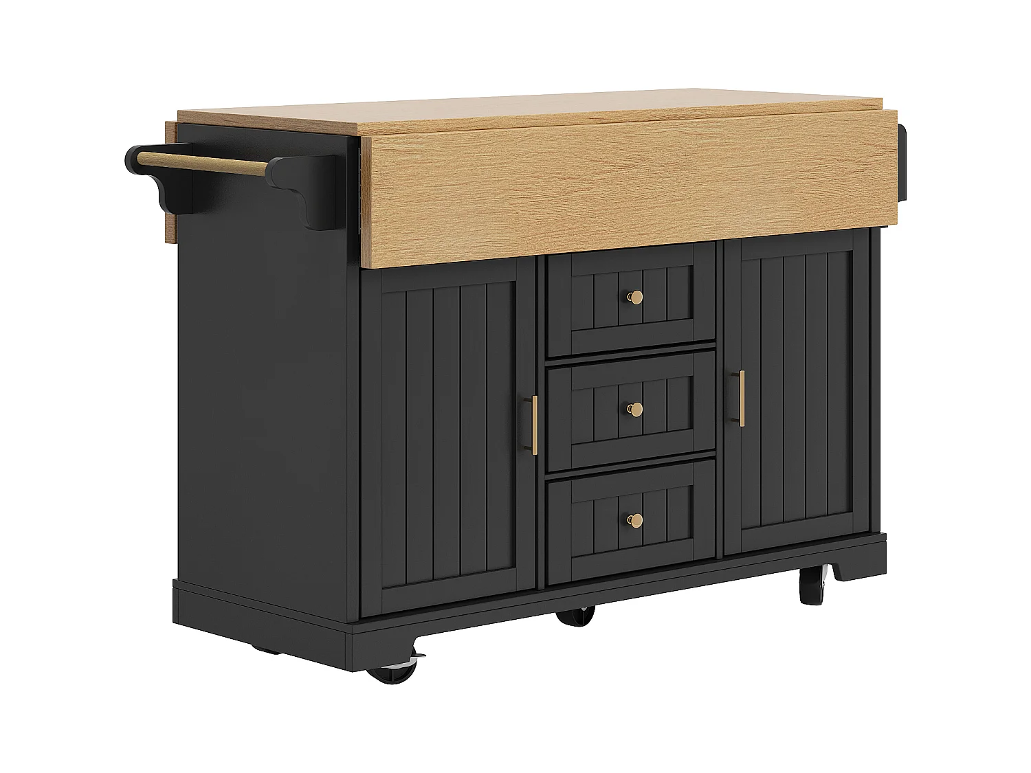 Carrello da cucina nero con 2 ante, 3 cassetti e portasciugamani, porta spezie, vassoio estensibile