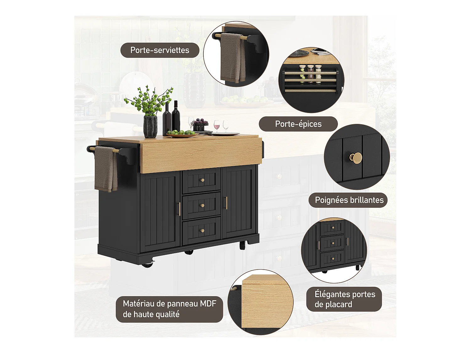 Carrello da cucina nero con 2 ante, 3 cassetti e portasciugamani, porta spezie, vassoio estensibile