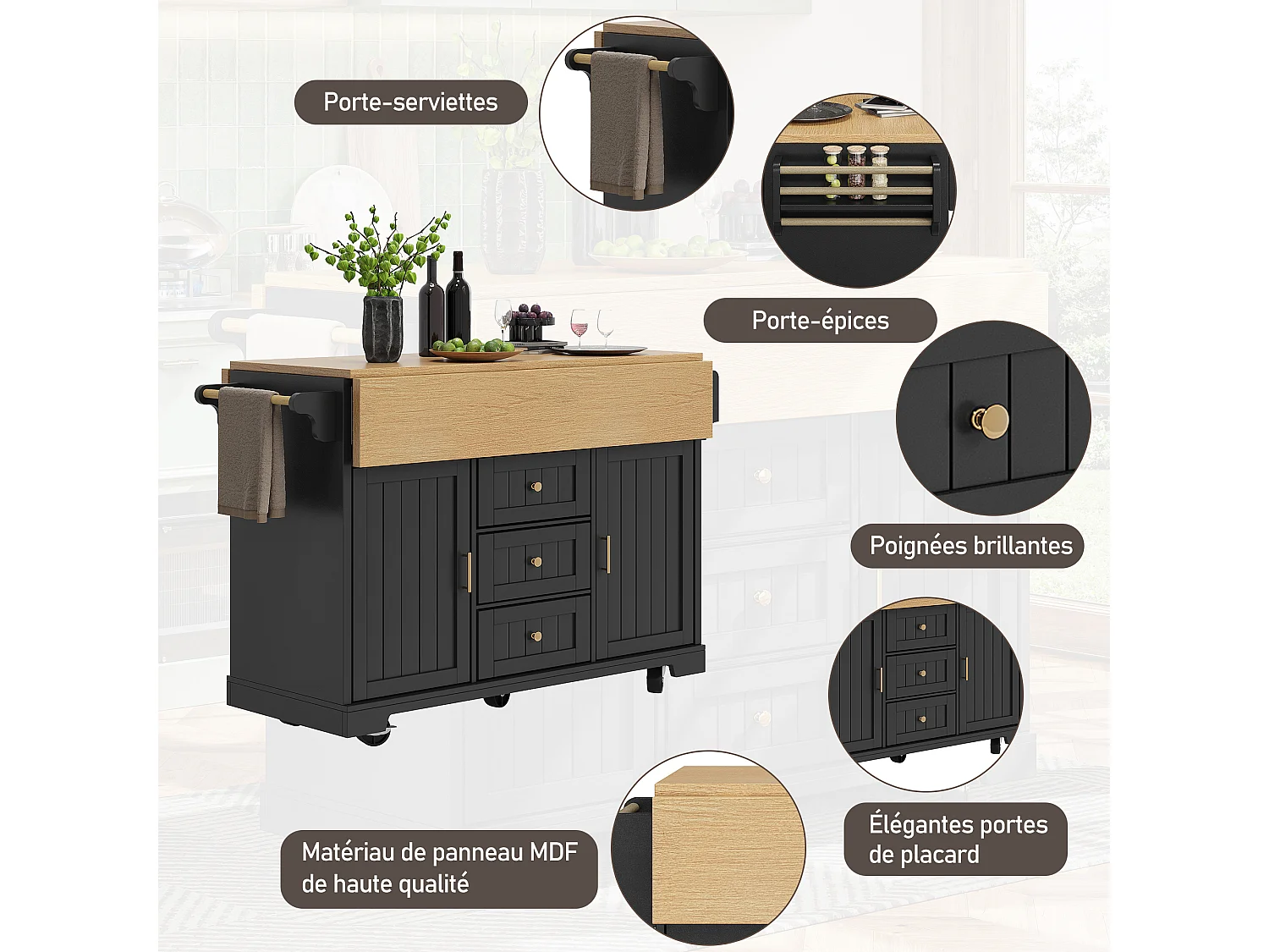 Zwarte keukentrolley met 2 deuren, 3 lades en handdoekrek, kruidenrek, uitschuifbaar dienblad