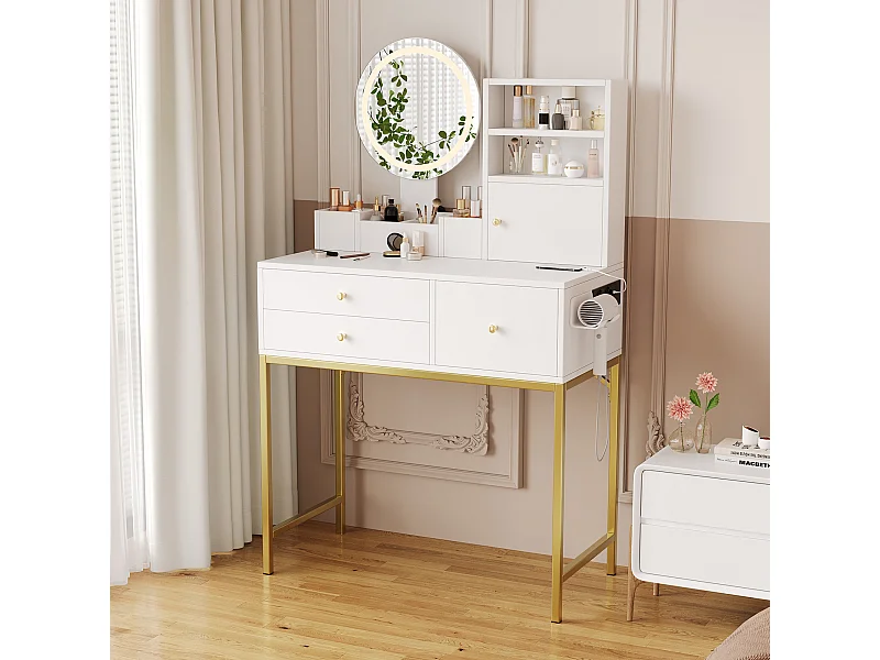 Coiffeuse avec 3 tiroirs, 1 porte et miroir LED, prise de courant, blanc et or, MDF