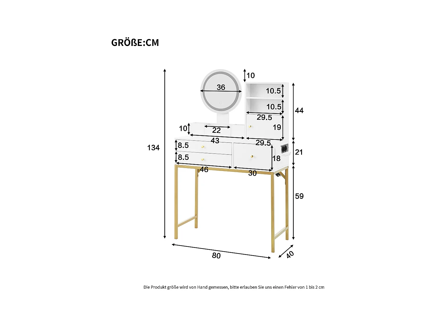 Coiffeuse avec 3 tiroirs, 1 porte et miroir LED, prise de courant, blanc et or, MDF