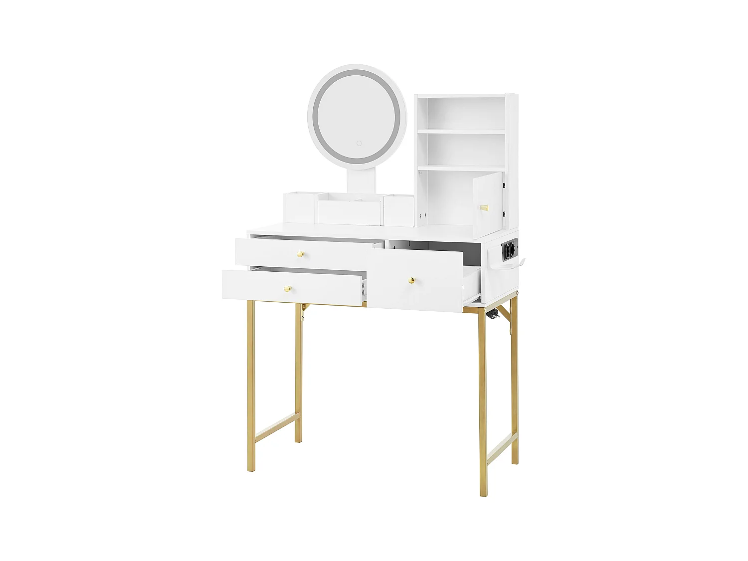 Coiffeuse avec 3 tiroirs, 1 porte et miroir LED, prise de courant, blanc et or, MDF