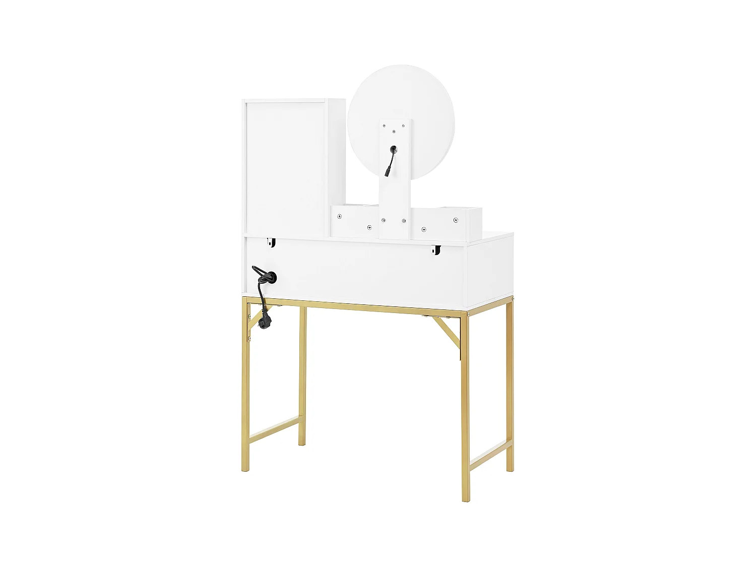 Coiffeuse avec 3 tiroirs, 1 porte et miroir LED, prise de courant, blanc et or, MDF