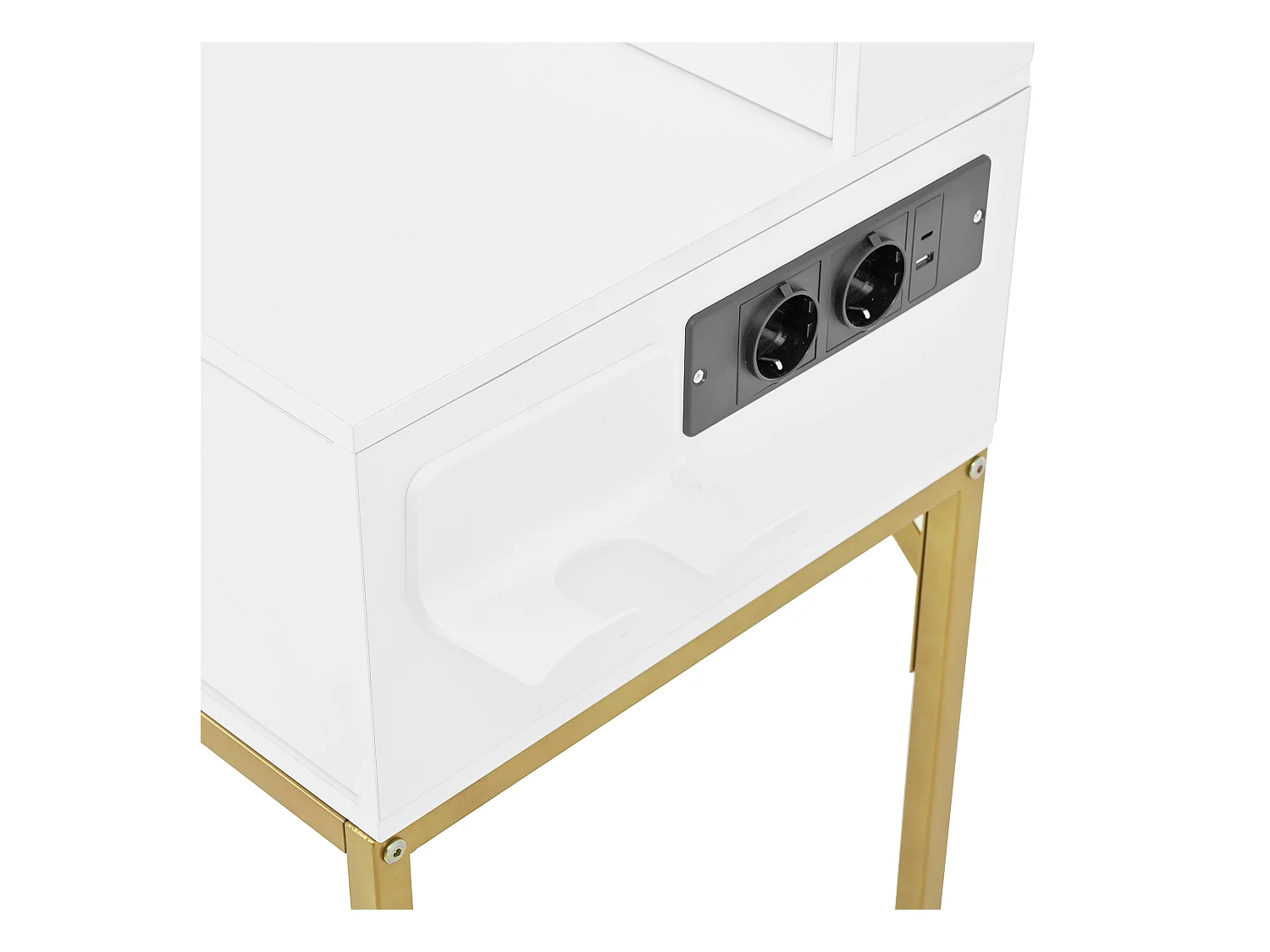 Coiffeuse avec 3 tiroirs, 1 porte et miroir LED, prise de courant, blanc et or, MDF