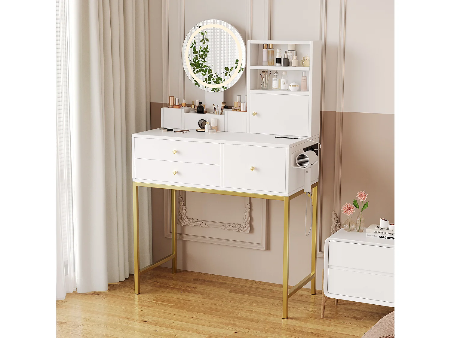 Coiffeuse avec 3 tiroirs, 1 porte et miroir LED, prise de courant, blanc et or, MDF