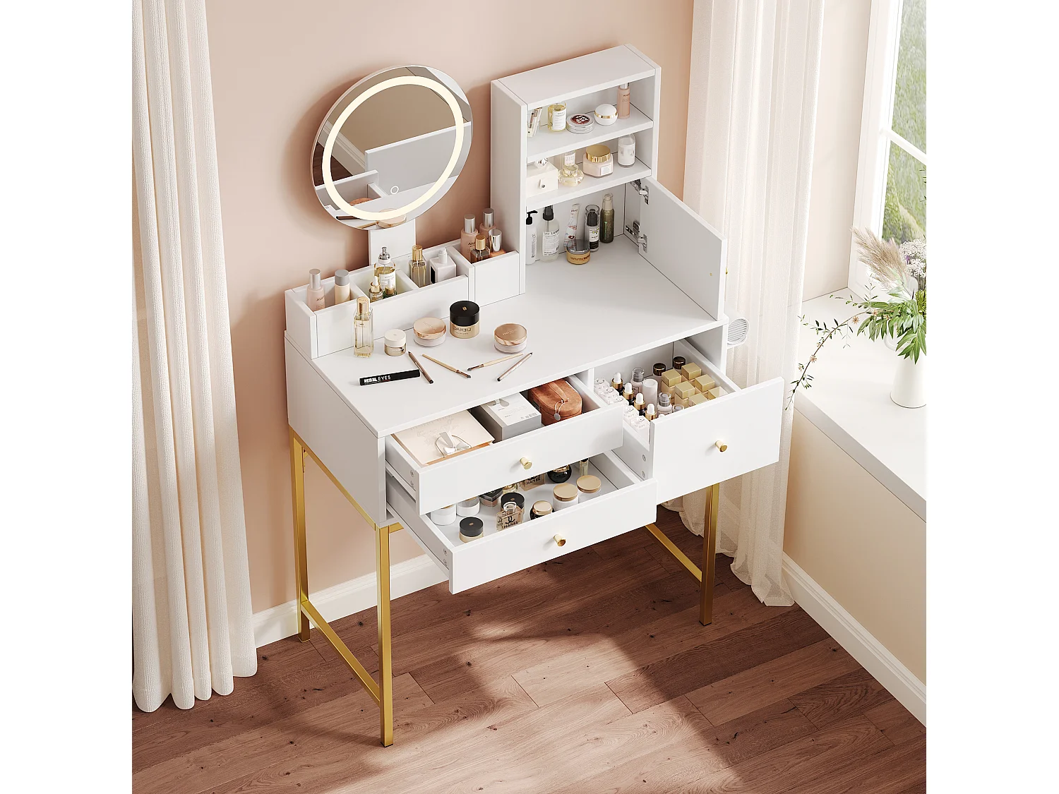 Coiffeuse avec 3 tiroirs, 1 porte et miroir LED, prise de courant, blanc et or, MDF