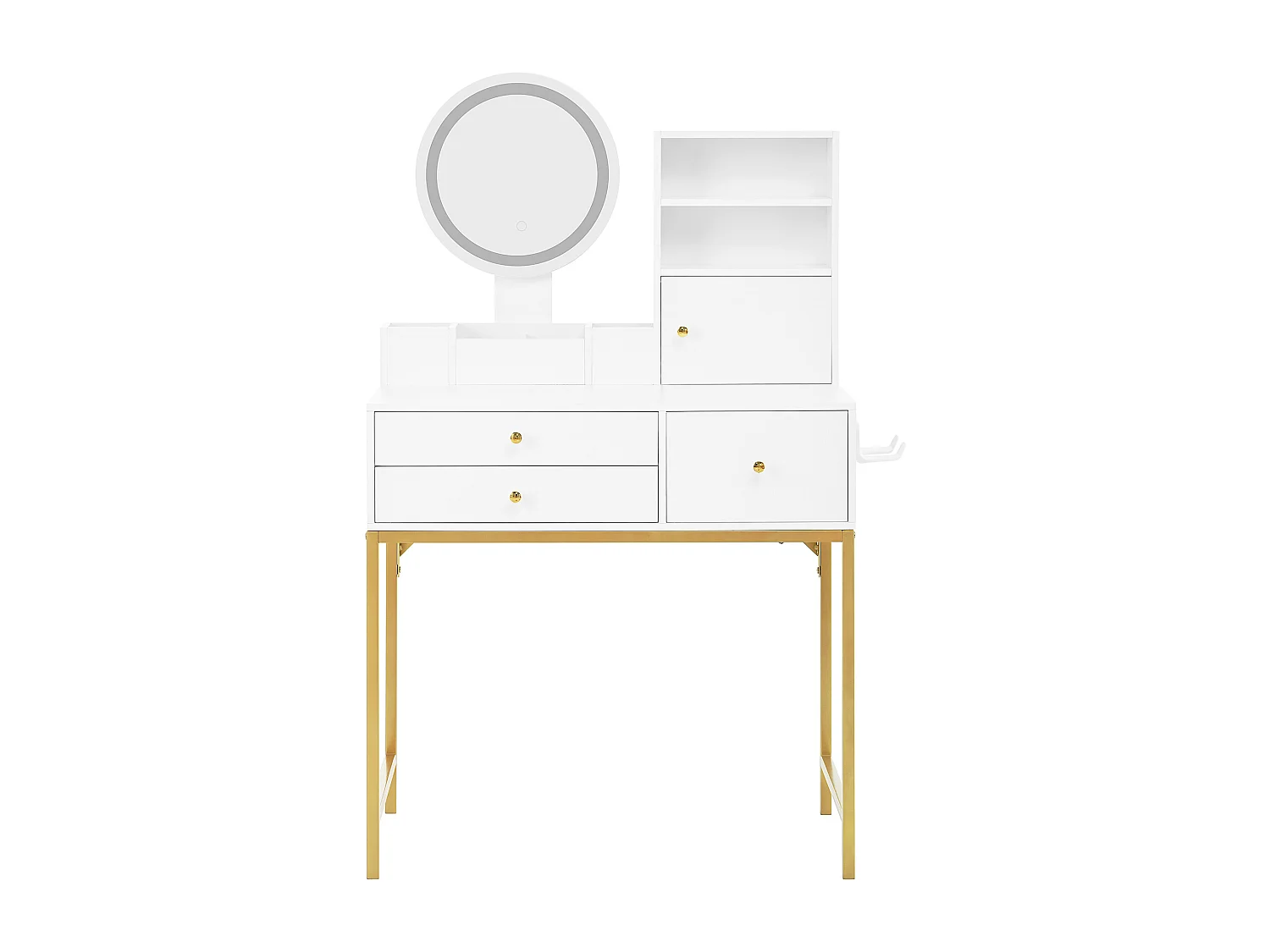 Coiffeuse avec 3 tiroirs, 1 porte et miroir LED, prise de courant, blanc et or, MDF
