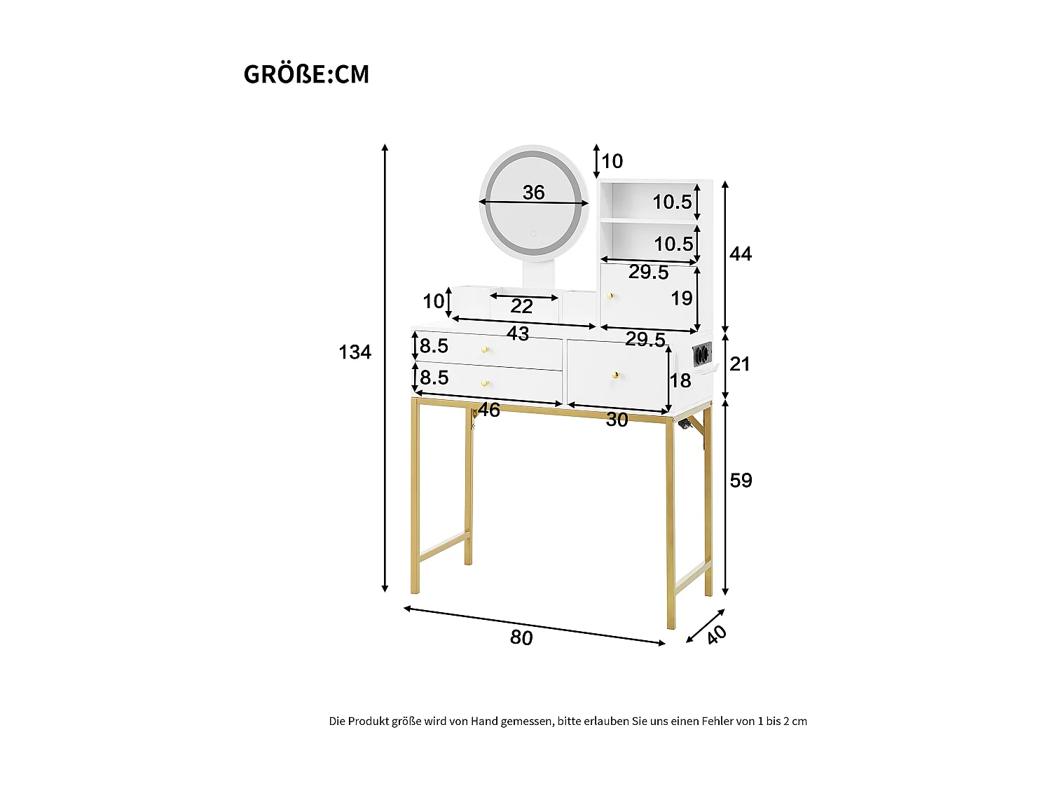 Coiffeuse avec 3 tiroirs, 1 porte et miroir LED, prise de courant, blanc et or, MDF