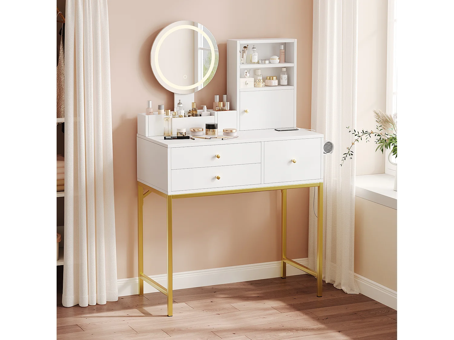 Coiffeuse avec 3 tiroirs, 1 porte et miroir LED, prise de courant, blanc et or, MDF