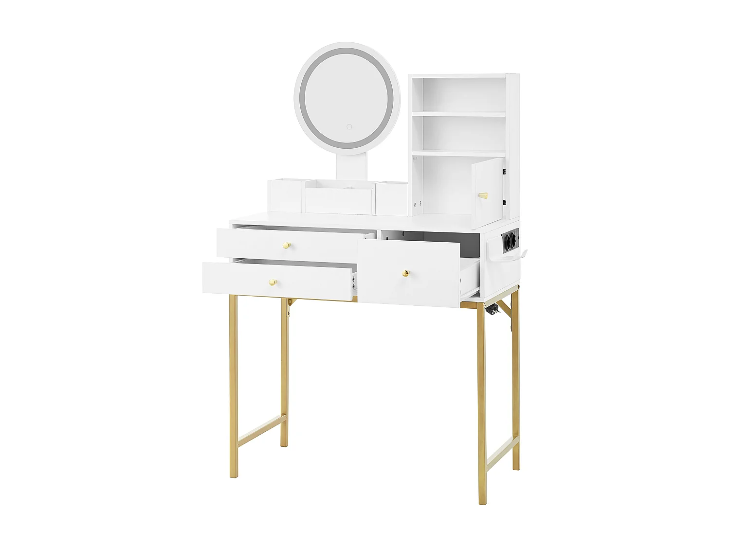 Coiffeuse avec 3 tiroirs, 1 porte et miroir LED, prise de courant, blanc et or, MDF