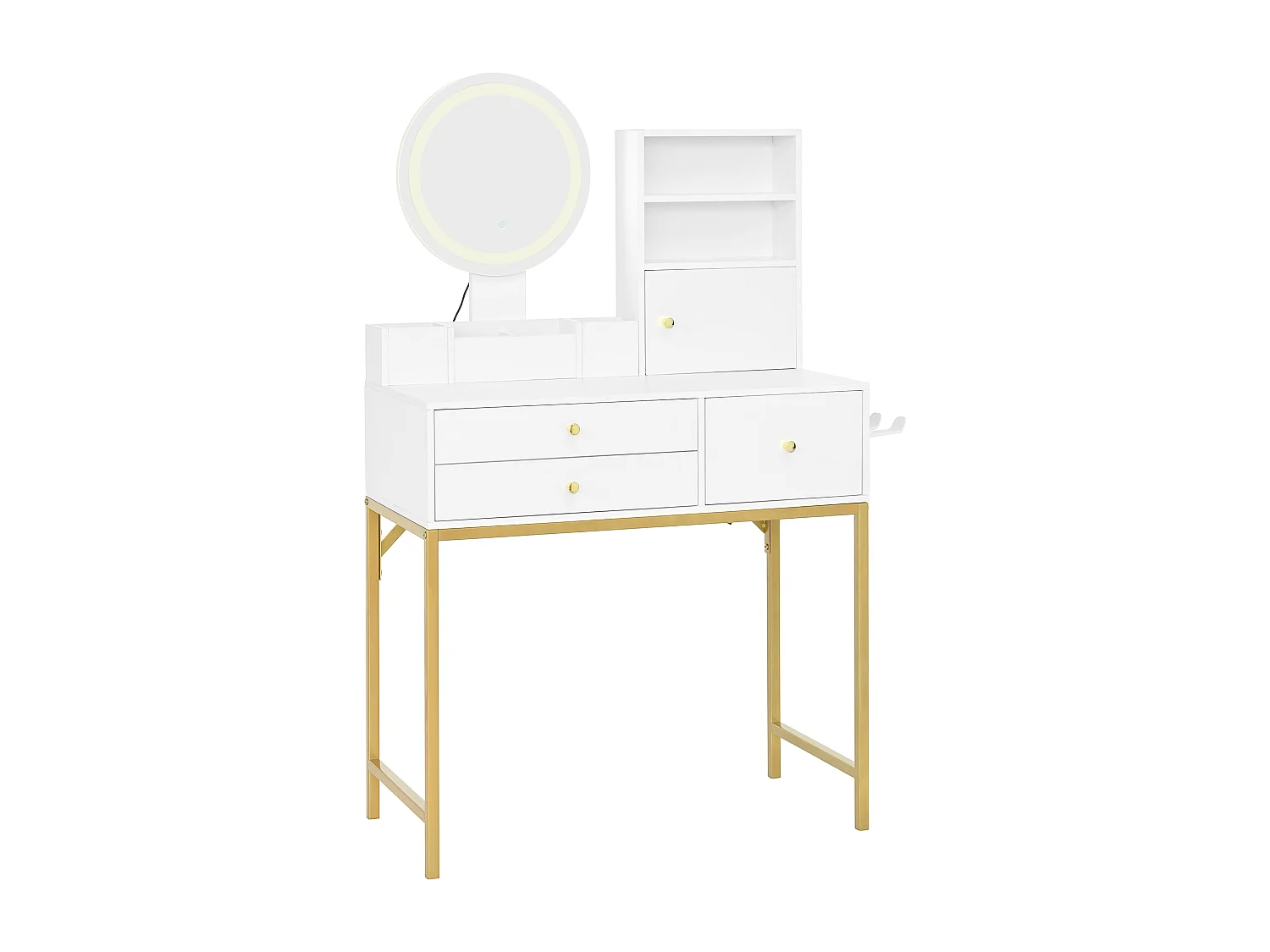 Coiffeuse avec 3 tiroirs, 1 porte et miroir LED, prise de courant, blanc et or, MDF