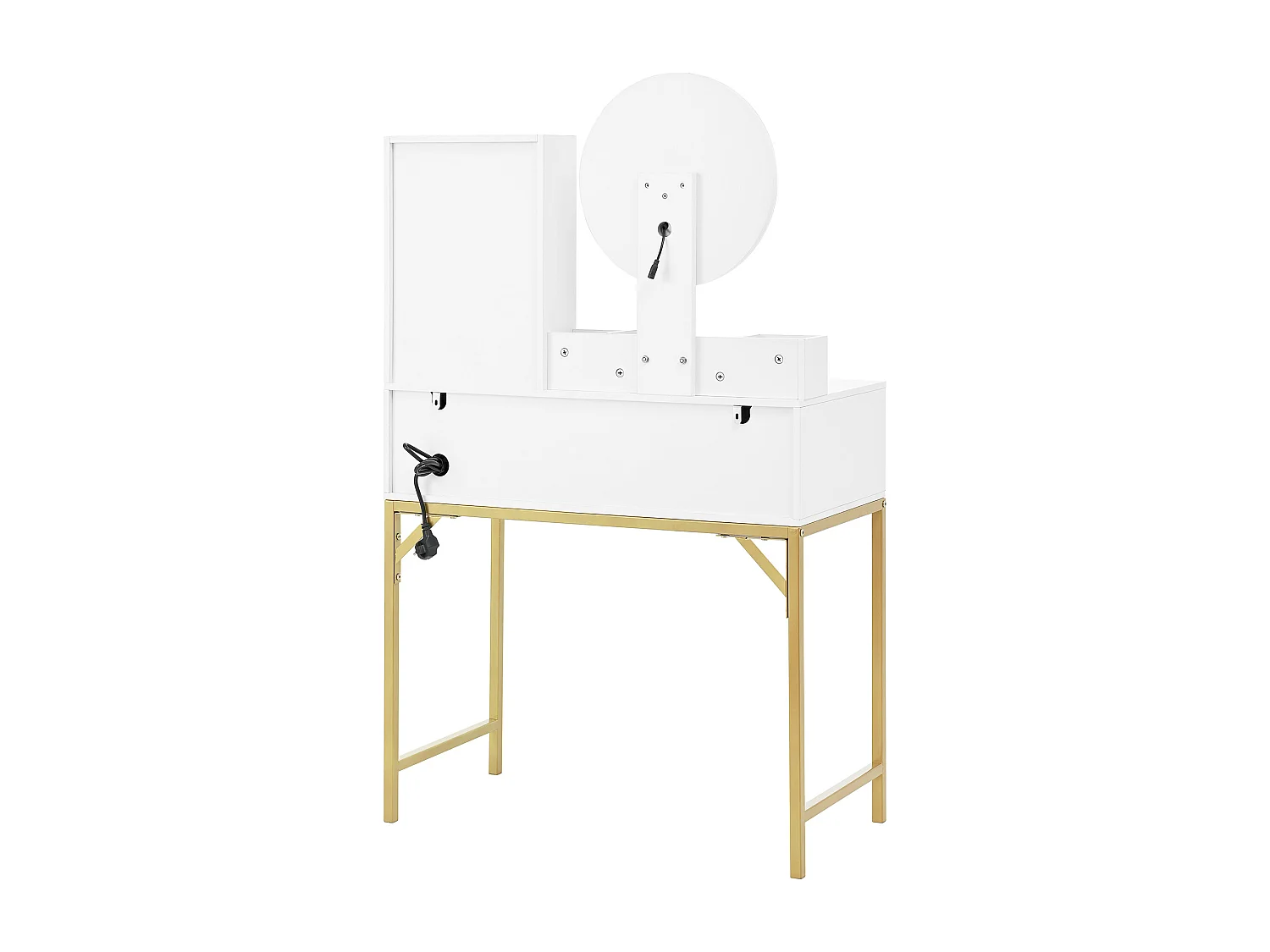 Coiffeuse avec 3 tiroirs, 1 porte et miroir LED, prise de courant, blanc et or, MDF
