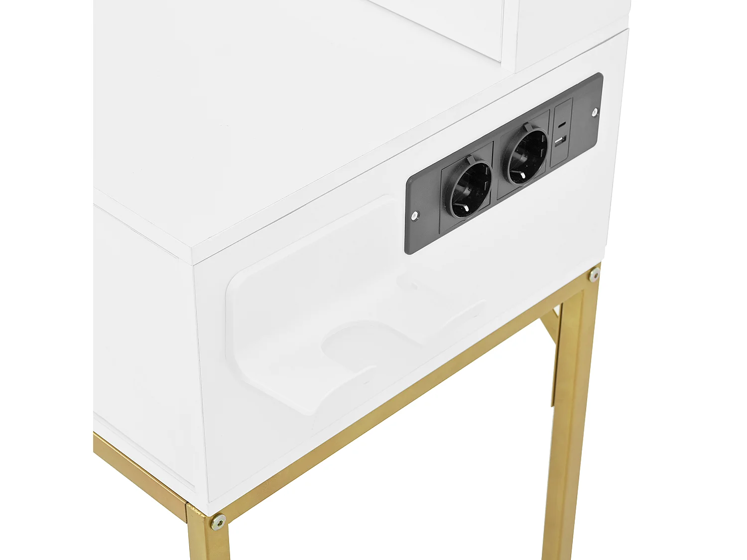 Coiffeuse avec 3 tiroirs, 1 porte et miroir LED, prise de courant, blanc et or, MDF